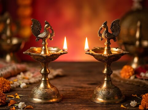 Traditional brass oil lamps glowing during durga puja celebration on wooden
