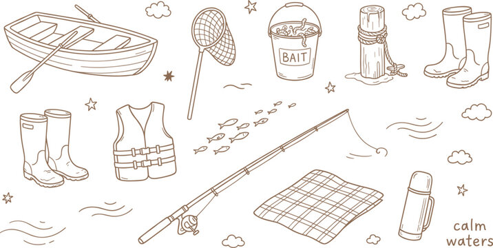 Hand Drawn Fishing Elements Line Art Set with Boat and Boots