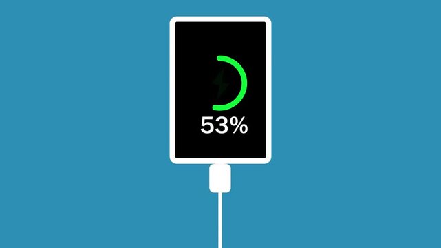 Smartphone charging animation with battery charge indicator and USB cable plug in