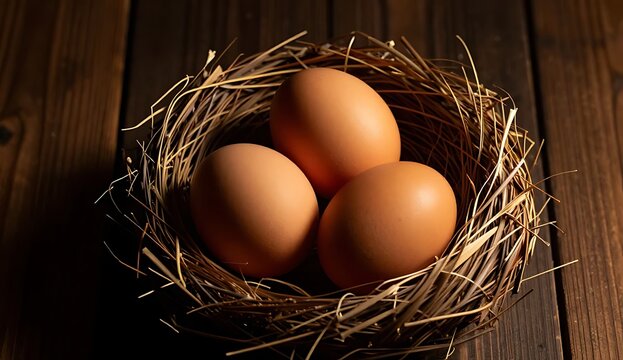Fresh organic brown eggs placed inside a rustic straw nest on a dark wooden table background farm fresh food concept