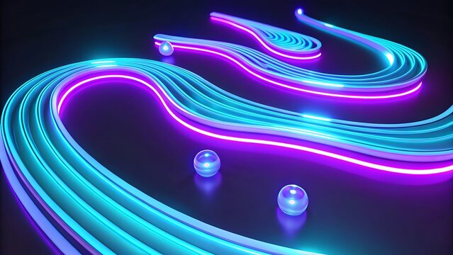 Abstract glowing neon curves and spheres flowing in dark space with vibrant lights