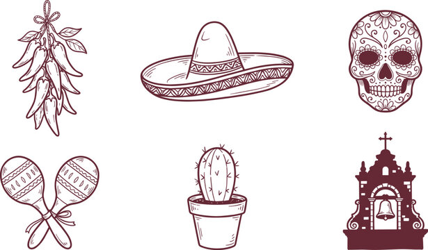 Hand Drawn Mexican Culture Icon Set With Sombrero And Skull