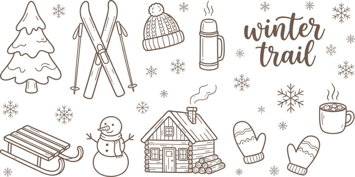 Hand Drawn Winter Doodle Set With Cabin And Skis