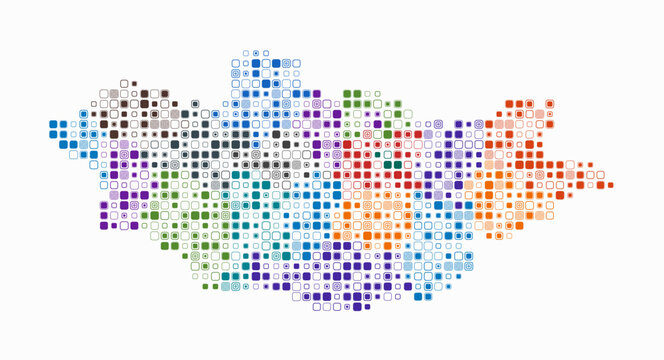 Mongolia, shape of the country build of colored cells. Digital style map of the Mongolia on white background. Small size rounded square blocks. Abstract vector illustration.