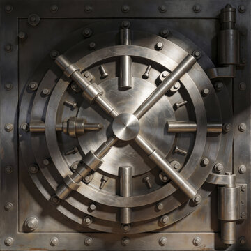 Heavy steel bank vault door with circular locking mechanism and industrial metal bolts.