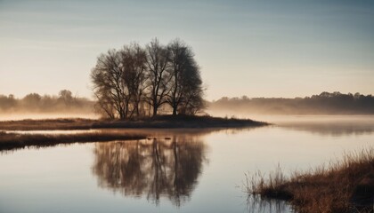 Obraz premium Small Forest Island on a Misty Lake at Sunrise
