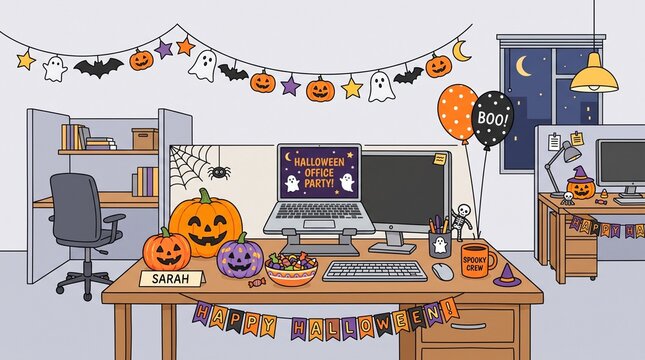 Office Cubicle Decorated for Halloween Party with Pumpkins Ghosts Bats and Balloons