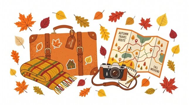 Autumn travel adventure with vintage suitcase map camera and plaid blanket