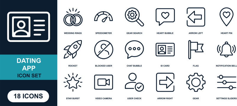 Dating App Icon Set: A comprehensive collection of 18 essential icons for a dating application, designed to represent various features and functionalities with clean, modern linework.