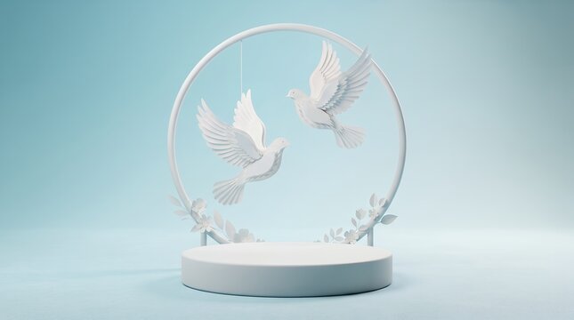 Two White Doves Flying in Circular Frame on Pedestal 3D Illustration