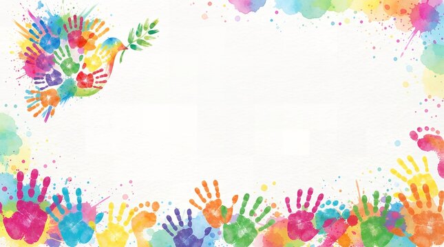 Colorful watercolor handprints border with dove shape illustration for peace diversity unity and community background with copy space.