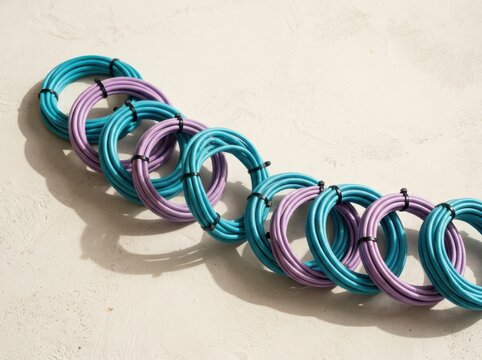 Pastel cable loops arranged on a sunlit neutral surface