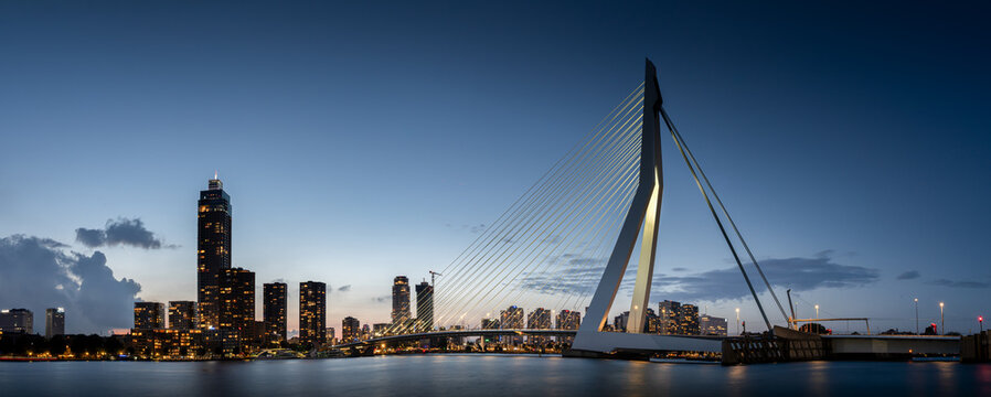 Erasmus Bridge and Rotterdam skyline at blue hour, with illuminated city buildings reflected across the Nieuwe Maas waterfront.