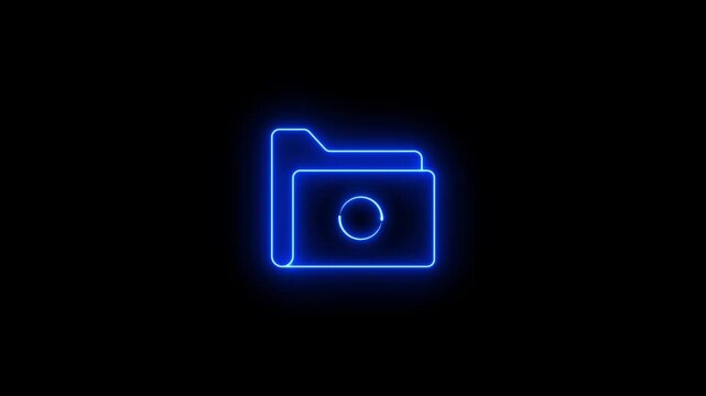 Neon glowing blue color folder icon video animation on black background. Neon Folder icon motion. Documents directory. Neon lighting Folder icon sign symbol animation.