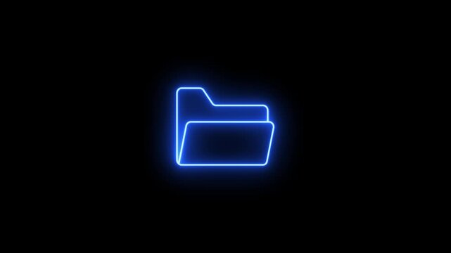 Neon glowing blue color folder icon video animation on black background. Neon Folder icon motion. Documents directory. Neon lighting Folder icon sign symbol animation.