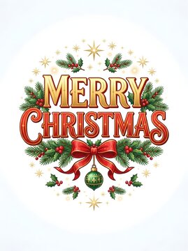 Merry Christmas lettering with holly branches and red bow on a white background