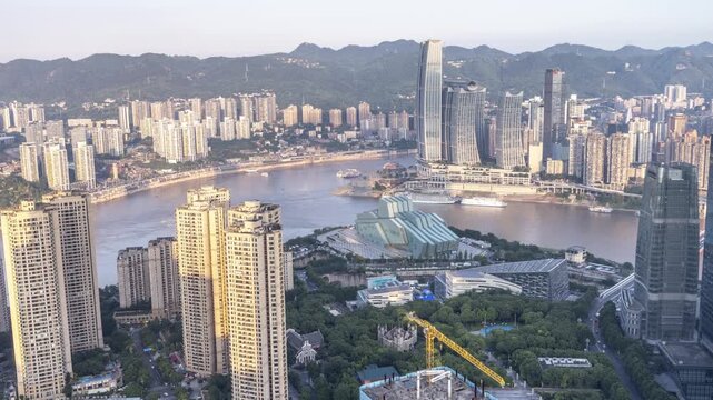 Chongqing cyberpunk city skyline with river