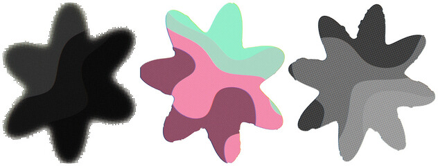 Fototapeta premium A set of retro risograph-style halftone flowers in bold layered colors and monochrome tones.