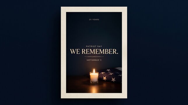 Patriot Day memorial poster with candle and flag, September 11 remembrance flyer, solemn we remember tribute on dark background
