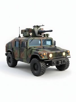 Military humvee vehicle with machine gun on white background armored transport for defense and security