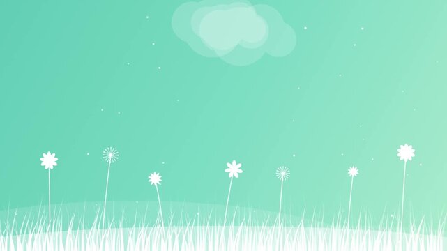 Minimal White Flowers and Grass Meadow Silhouette Motion Background on Turquoise Gradient