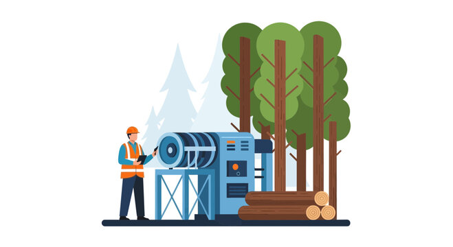 Forestry Worker Operating Industrial Wood Processing Machinery in Forest Landscape Illustration
