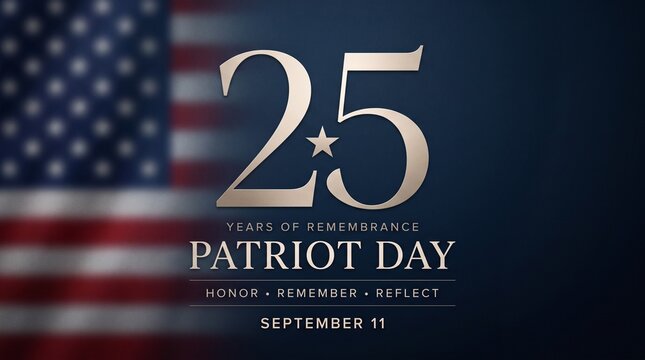 Patriot Day 25 years of remembrance banner, September 11 memorial background, American flag with elegant silver typography