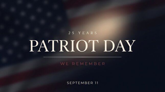 Patriot Day 25 years anniversary poster, September 11 memorial with blurred American flag, we remember tribute background