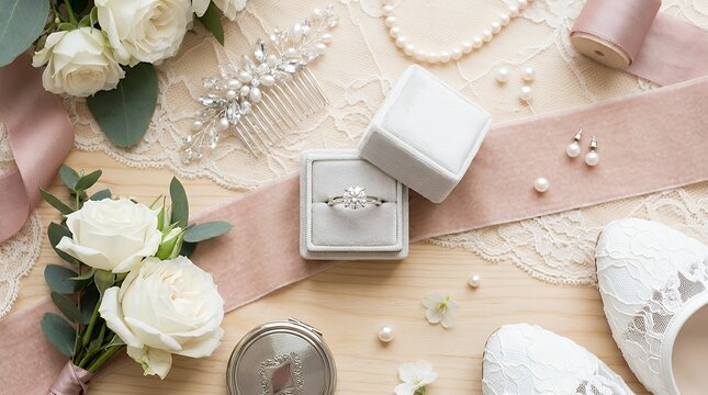Diamond Solitaire Ring Displayed with Elegant Bridal Accessories Layout High Angle View engagement ring bridal accessories jewelry wedding diamond background top view flat lay elegant romance love