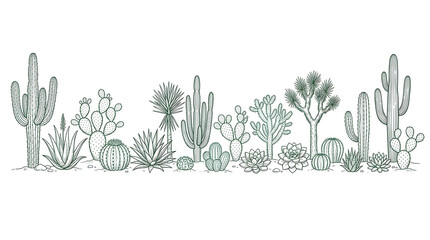 Set of 17 desert succulent and cactus plants in line art style. © RK graphics