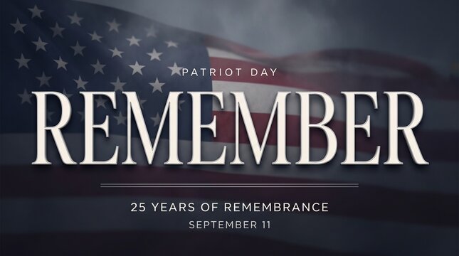 Patriot Day memorial banner, 25 years of remembrance text on American flag, September 11 commemorative background