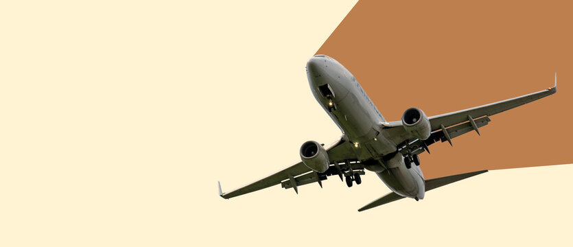 Flat lay design of travel concept with plane on yellow background with copy space
