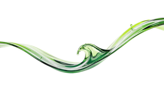 Dynamic green liquid wave with small bubbles and flowing curvature isolated on a transparent background