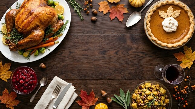 A heartwarming thanksgiving feast is beautifully displayed featuring a golden roasted turkey creamy pumpkin pie vibrant autumn leaves and a cozy inviting atmosphere for