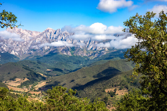 View of the Picos de Europa National Park with Potes at its foot (Cantabria, Spain)