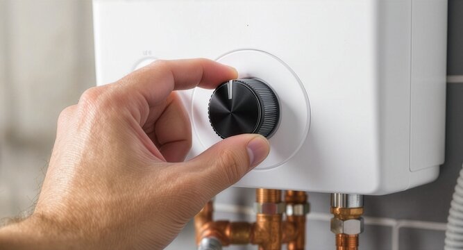 Close up of a person's hand turning a black metallic temperature control dial on a white electric water heater boiler unit, focusing on domestic energy efficiency and home utility adjustment.