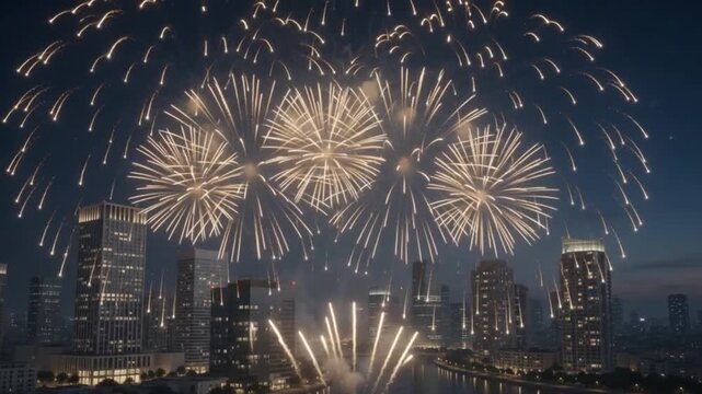 Celebratory Fireworks bursting above a city skyline during a nighttime festival in vector silhouette style