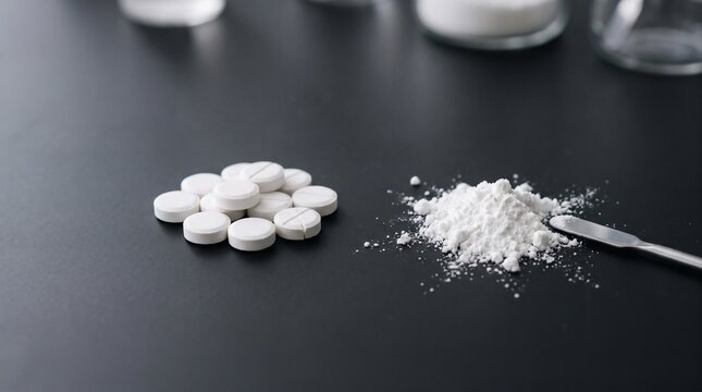 White medical pills and powder on a dark background representing healthcare or pharmaceutical concepts