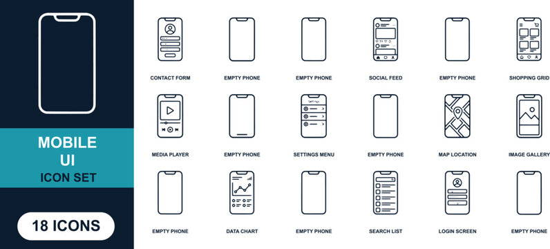 Mobile UI Icon Set: A collection of 18 outline icons representing various mobile user interface elements and screen layouts, designed for app development and user experience design.