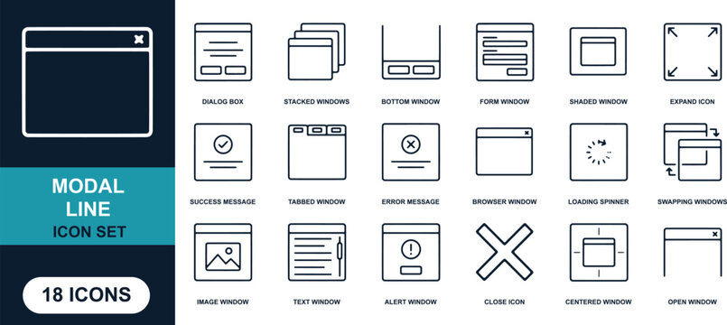 Modal Window Icon Set: A collection of clean and modern line icons representing various types of modal windows and user interface elements, perfect for web and app design.