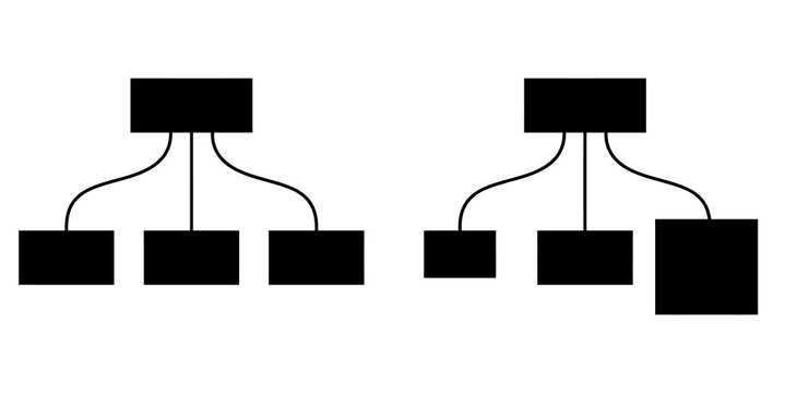 Black organizational chart hierarchy diagram representing corporate structure and data flow with business structure org chart flowchart