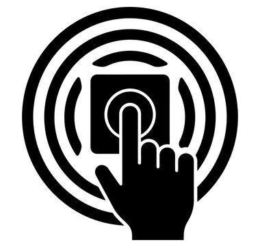 Finger pressing button icon surrounded by expanding concentric circles with touch sensor push button signal wave radiation expansion