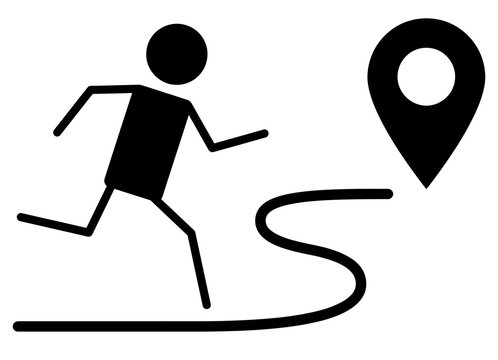 Running stick figure following a path towards a destination pin map marker with black and white destination location exercise direction