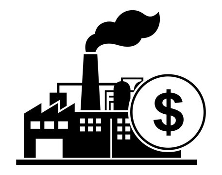 Industrial factory building with smoking chimney and dollar coin sign industrial plant manufacturing cost factory icon industry economy