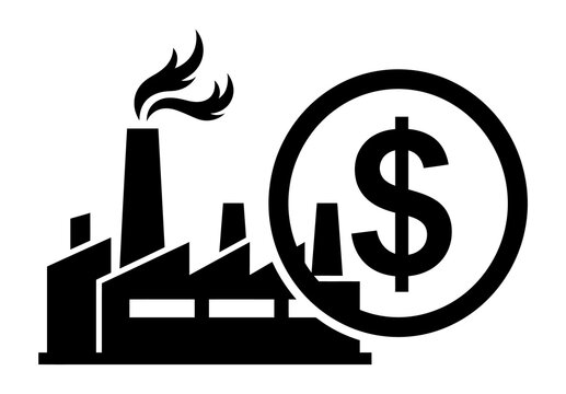 Manufacturing factory silhouette with tall chimney and dollar coin symbol manufacturing plant industrial finance factory building