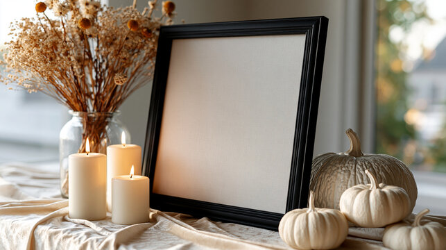 A minimalist autumn flat lay mockup with a black wooden frame unlit candles dried flowers and white decorative pumpkins arranged on a velvet tablecloth bright clean natural