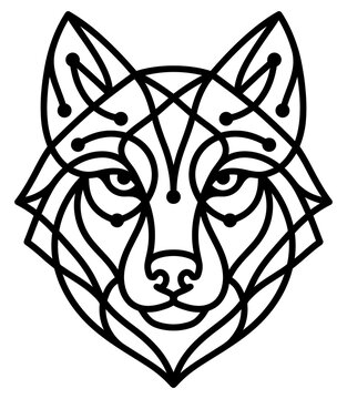 Geometric wolf head outline illustration with tech nodes and lines graphic design line art animal outline cyber animal vector graphic