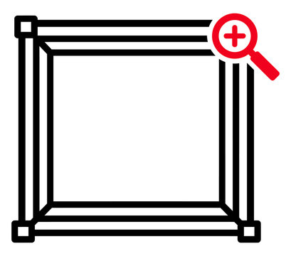 Black square frame icon with red magnifying glass zoom symbol and corner nodes black outline interface element graphic design vector shape