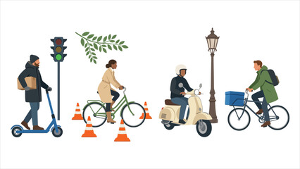 Fototapeta premium People Commuting in the City Using Eco Transportation Illustration Set.