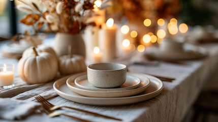 Fototapeta premium An elegant overhead view of an autumn thanksgiving dinner table setting with a rustic linen tablecloth cream plates white pumpkins and a seasonal dried floral centerpiece